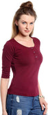 Women Maroon 3/4 Sleeves Henley T-Shirt